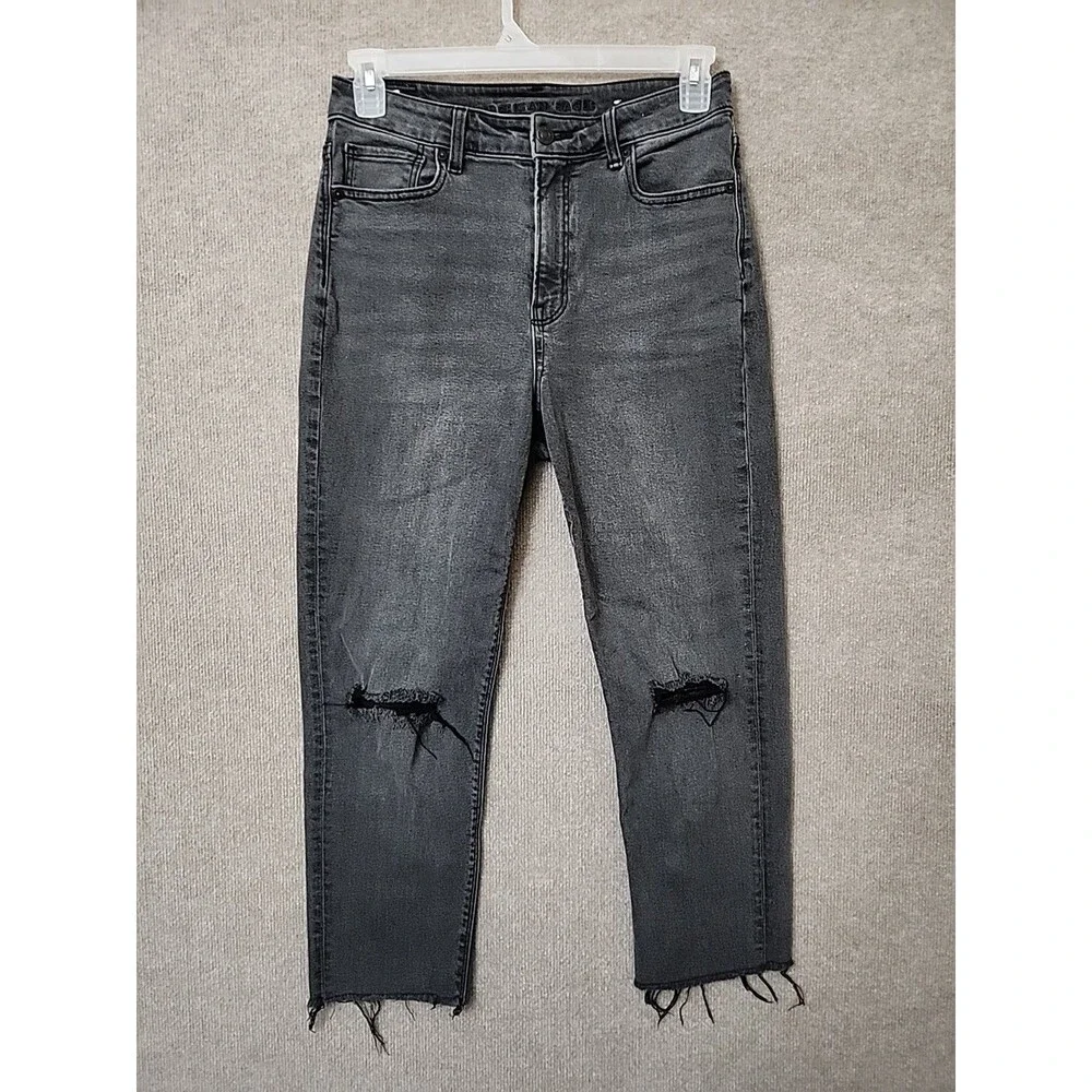 American Eagle Mom Crop Jeans Women 8 Long Faded Black Distressed Raw HemStretch